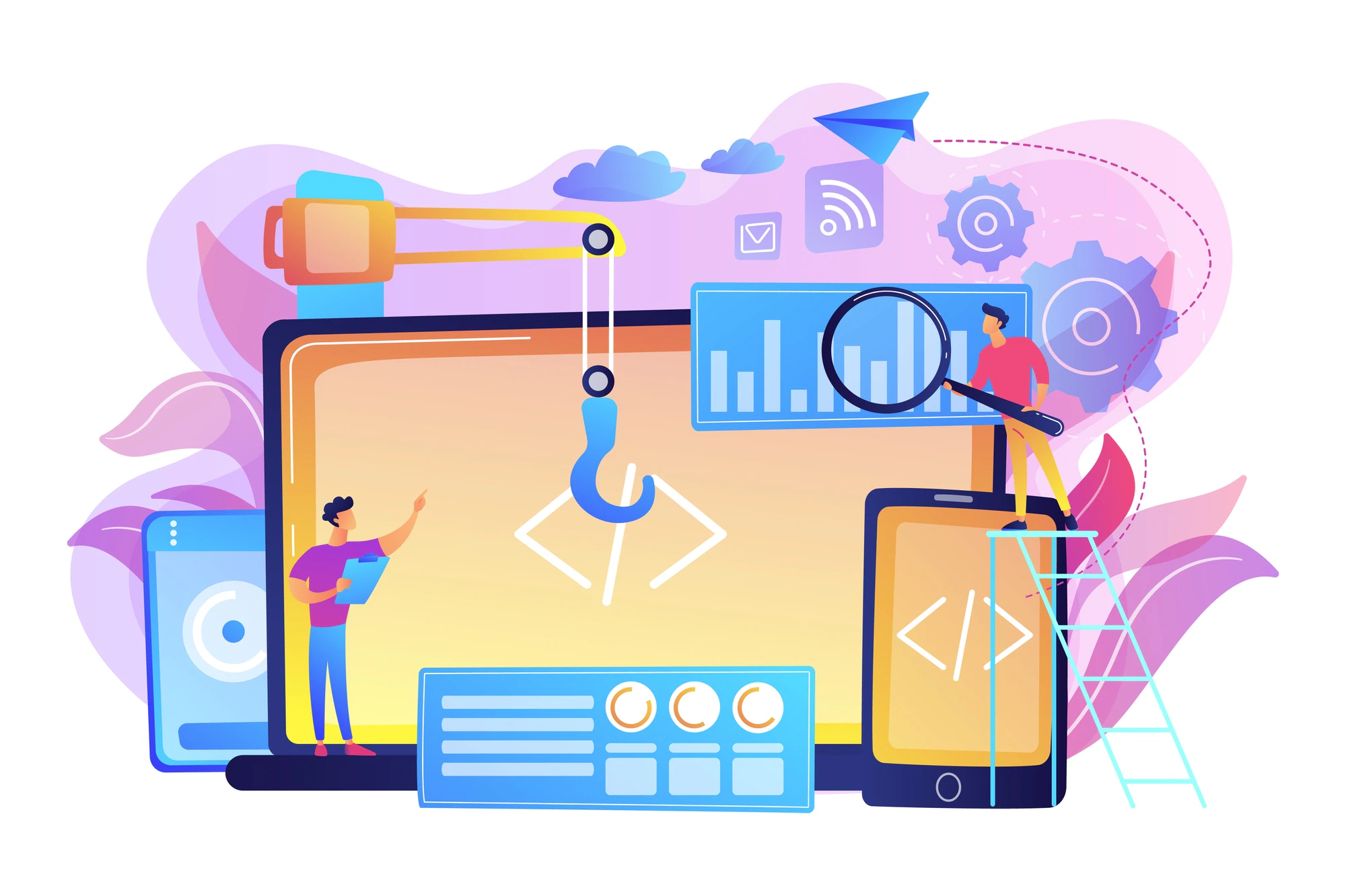 engineer-developer-with-laptop-tablet-code-cross-platform-development-cross-platform-operating-systems-software-environments-concept-bright-vibrant-violet-isolated-illustration_335657-312